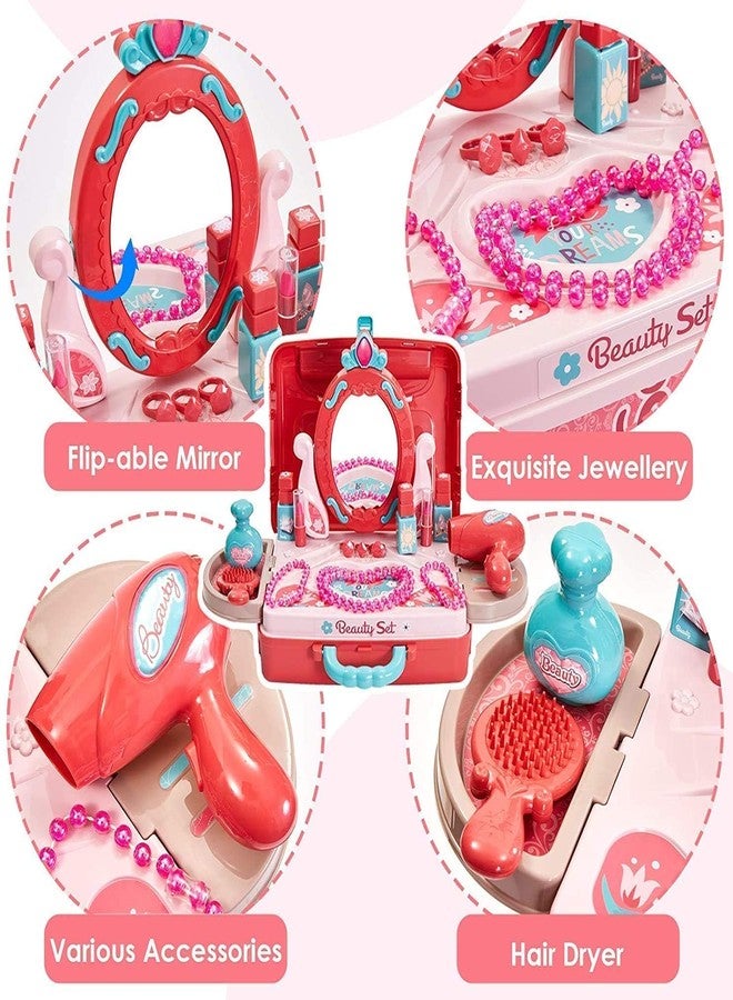 Chiransi 3 in 1 Beauty Set for Kids Girls Learning Educational Make Up Suitcase Kit with Makeup Accessories Pretend Play Set Portable Suitcase Toy Gift for Girls (Beauty Set) - Image 3